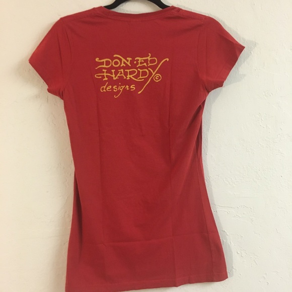 Ed Hardy Graphic T Shirt Size Medium Rhinestone Japanese Geisha Red Y2K Vintage - Picture 5 of 5